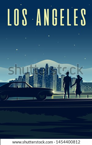 Vector retro poster. Vertical illustration. LA. Los Angeles. Man and Woman look at the night city. Couple in love. Cityscape.