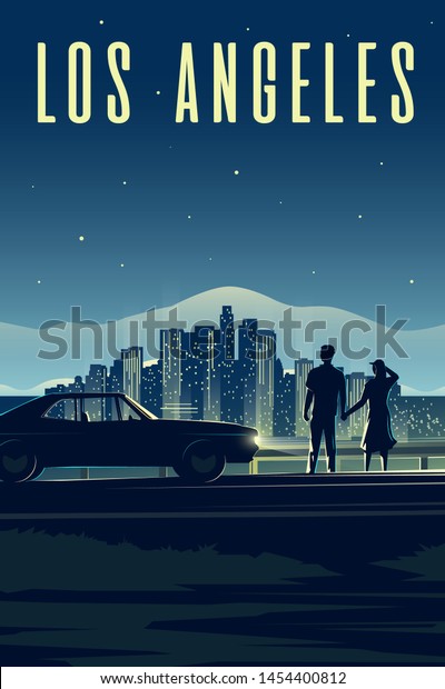 Vector\
retro poster. Vertical illustration. LA. Los Angeles. Man and Woman\
look at the night city. Couple in love.\
Cityscape.