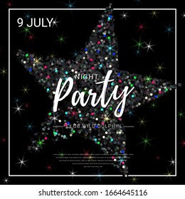 Vector retro poster with white text Night Party on black iridescent glitter. Stars and sparkles. Square shiny banner design.