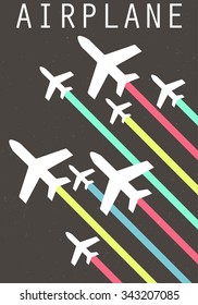 Vector Retro Poster Wit Airplanes And Airplane Stream Jet, Pop-art Minimalistic Style, For Travel Agencies, Aviation Companies