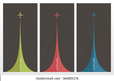 Vector Retro Posters With Airplanes And Airplane Stream Jet, Pop - Art Minimalistic Style, Cards For Travel Agencies, Aviation Companies. Airplanes In The Sky.
