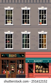 Vector retro printable poster design background on downtown grey brick building structure facade with detailed windows, retro bookshop and local bakery storefronts at street level 