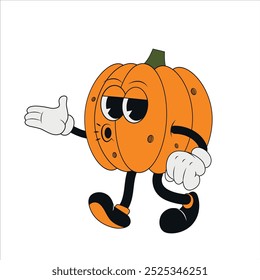 Vector personaje de calabaza retro. Feliz Halloween en 60, 70, 80, 90 estilo de dibujos animados groovy de moda. Mascota de Halloween en estilo de dibujos animados de moda