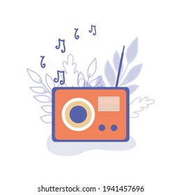 Vector retro radio with notes and leaves. Vector illustration. Flat style