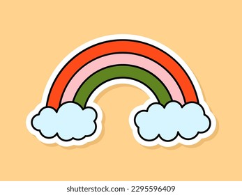 Vector Retro Rainbow with Clouds sticker isolated on yellow background. 70s style cartoon simple weather symbol