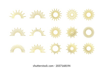 Vector retro rays set, golden colored illustration, design elements isolated on white background, vintage illustration.