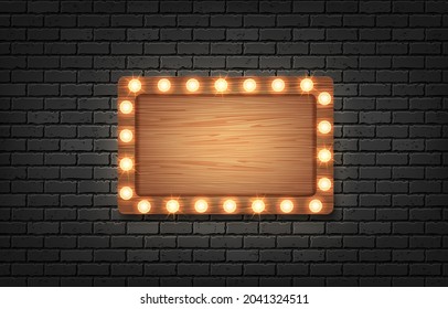 Vector retro rectangle wood billboard and brick wall background.