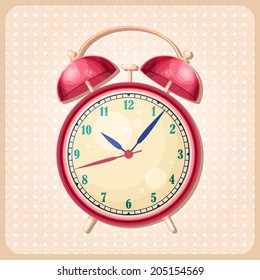 Vector retro red alarm clock on polka background