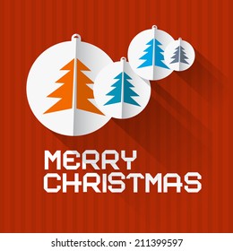 Vector Retro Red Background with Christmas Balls and Trees Made from Paper 