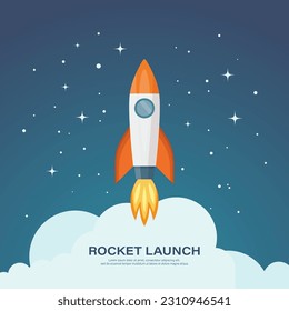 Vector Retro Red and White Space Rocket Ship Launch on Space Sky Background. Space Rocket Design Template for Business, Start Up Project, Development Process, Creative Idea etc