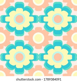 Vector retro repeatable seamless pattern in pastel shades of flowers interlocking on a pale pink backdrop. Simple 60s inspired art with a layered design makes a great option for feminine fabric print.