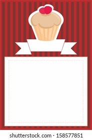 Vector retro restaurant menu, wedding card, list or baby shower invitation with sweet cupcake on red brown vintage pattern or stripes texture background with white space for your own text