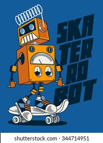 vector retro robot on skateboard, skater