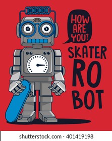 vector retro robot on skateboard, skater