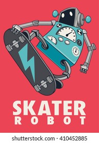 vector retro robot on skateboard, skater