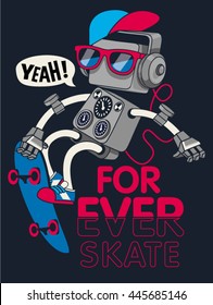 vector retro robot on skateboard, skater