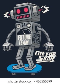 vector retro robot on skateboard, skater