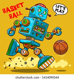 vector retro robot toy playing basketball illustration poster wallpaper card tee shirt graphic home textile print design