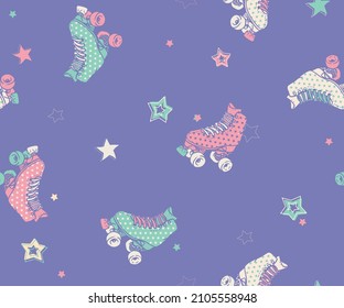 Vector Retro Roller Skates with Stars in Vibrant Colors seamless pattern background. Perfect for fabric, scrapbooking and wallpaper projects.