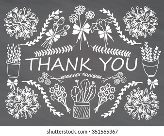 Vector retro romantic Thank You card. Words THANK YOU in cute floral wreath with spring branches, flowers and leaves. Perfect for wedding, greeting or invitation design