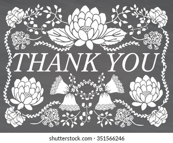 Vector retro romantic Thank You card. Words THANK YOU in cute floral wreath with spring branches, flowers and leaves. Perfect for wedding, greeting or invitation design