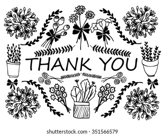 Vector retro romantic Thank You card. Words THANK YOU in cute floral wreath with spring branches, flowers and leaves. Perfect for wedding, greeting or invitation design