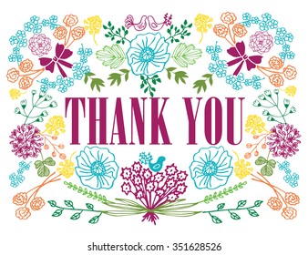 Vector retro romantic Thank You card. Words THANK YOU in cute floral wreath with spring branches, flowers and leaves. Perfect for wedding, greeting or invitation design
