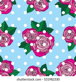 Vector Retro Rose with polka dot background(seamless pattern)