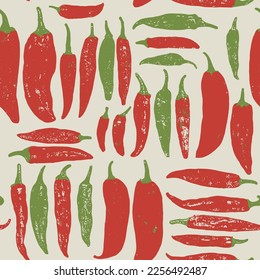 Vector Retro Screen Print Chili or Pepper Seamless Surface Pattern for Products or Wrapping Paper Prints.