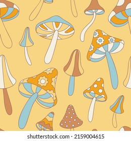 Vector retro seamless background with psychedelic mushrooms. 80s style mushroom hippie pattern on yellow background. Fly agaric  pattern for textiles, fabrics, wrapping paper.