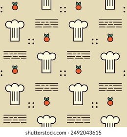 Vector retro seamless beige pattern with chef hatб abstract lines and icons fruit vegetable tomato щк apple background for kitchen cooking