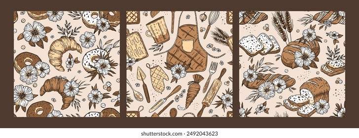 Vector retro seamless beige pattern with chef hatб abstract lines and icons fruit vegetable tomato щк apple background for kitchen cooking