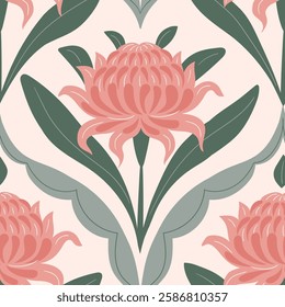 Vector retro seamless pattern of abstract pink flowers on light pink background.  Floral damask repeat pattern design for fabric or wallpaper. Elegant botanical seamless print.