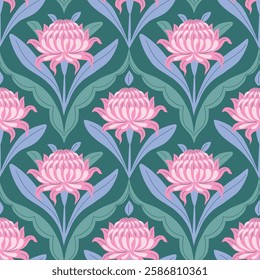 Vector retro seamless pattern of abstract pink flowers on turquoise background.  Floral damask repeat pattern design for fabric or wallpaper. Elegant botanical seamless print.