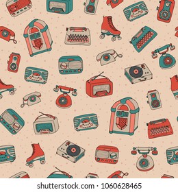 Vector retro seamless pattern with antique tech, scooter, juke box, radio, typewriter, roller skates and vinyl record player on the dotted background. Hand drawn vintage objects. 