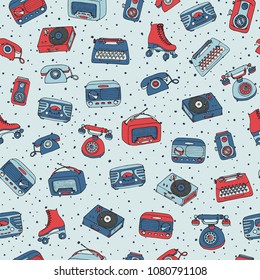 Vector retro seamless pattern with antique tech, radio, typewriter, roller skates and vinyl record player on the dotted background. Hand drawn vintage objects from 1950s and 1960s.