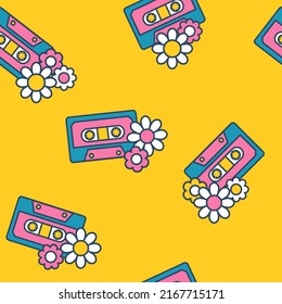 Vector retro seamless pattern with casette. Cassette tapes with flowers. Summer pattern with yellow background. Groovy print.