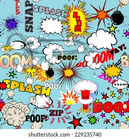 Vector Retro Seamless Pattern With Comics Speech Bubbles, Labels, Clouds, Logos And Comic Book Words