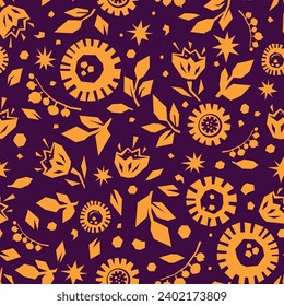 Vector retro seamless pattern of flowers leaves in papercut style on dark background