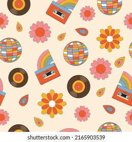 Vector retro seamless pattern with a musical devices 70s. Vintage print with vinyl plate, cassette player, disco ball, flat style. Aesthetic music and sound pop background.