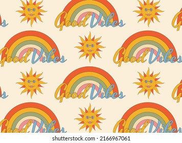 Vector retro seamless pattern with a rainbow and sun 70s style. Good vibes vintage print with flat style. Aesthetic hippie and summer background.