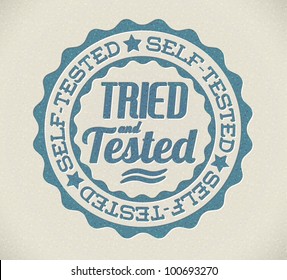 Vector retro self tried and tested blue detailed stamp