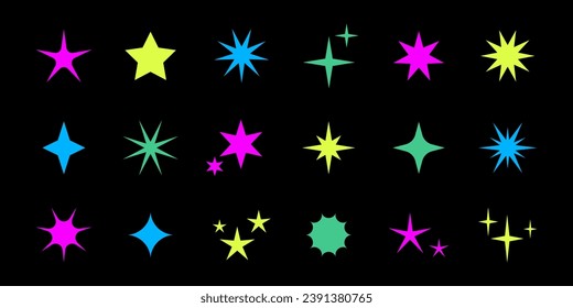 Vector retro set of acid futuristic sparkle icons on black background. Collection of colorful star shapes. Y2k abstract stars. Abstract cool shine 90s signs.