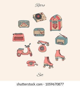 Vector retro set with antique tech, scooter, juke box, radio, typewriter, roller skates and vinyl record player. Hand drawn collection of vintage objects. For flea markets and shops.