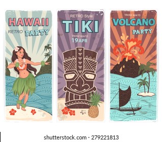 Vector Retro set of banners with  Hawaiian symbols