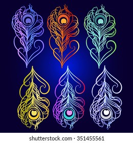 Vector retro set with colorful peacock feathers on a dark background.