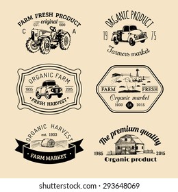 Vector retro set of family farm logotypes. Organic premium quality products badges collection. Eco food signs. Vintage hand sketched agricultural equipment labels.