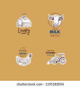 Vector retro set of farm fresh logotypes. Organic bio products badges collection. Eco food signs. Vintage hand sketched agricultural equipment icons.