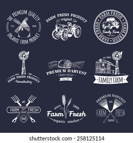 Vector retro set of farm fresh logotypes. Organic bio products badges collection. Eco food signs. Vintage hand sketched agricultural equipment icons.