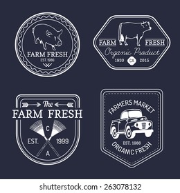 Vector retro set of farm fresh logotypes. Organic bio products badges collection. Eco food signs. Vintage hand sketched agricultural equipment icons.